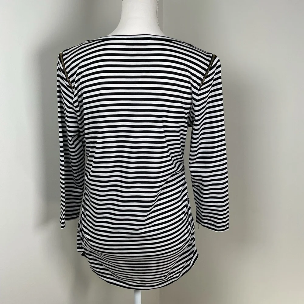Michael Kors Womens Multi Striped Ruched Knit Zipped Shoulder 3/4 Sleeve Top LRG